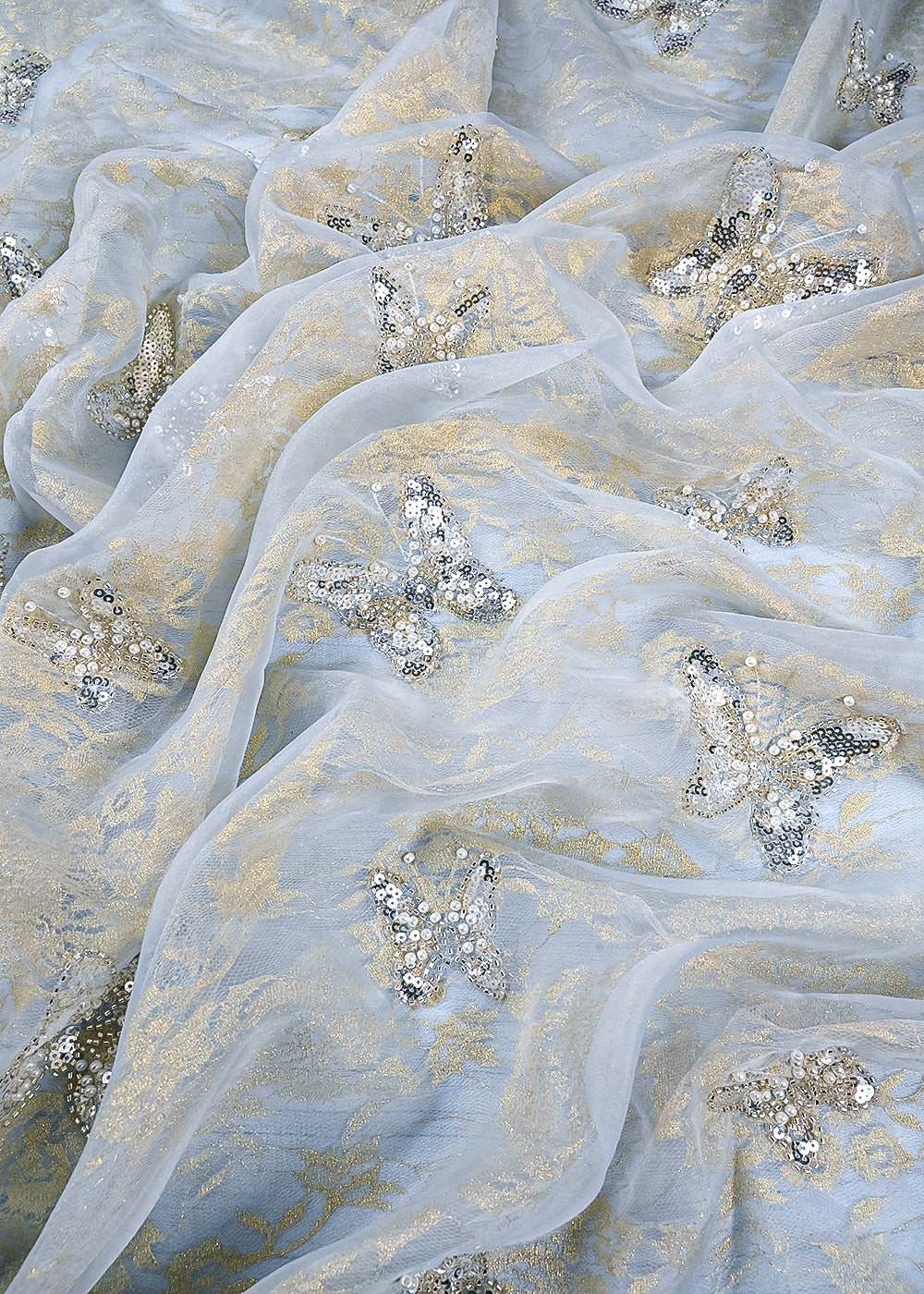 Sky Blue Organza & Sandlin Lace Fabric With All Over Sequins And Bead Work 24150