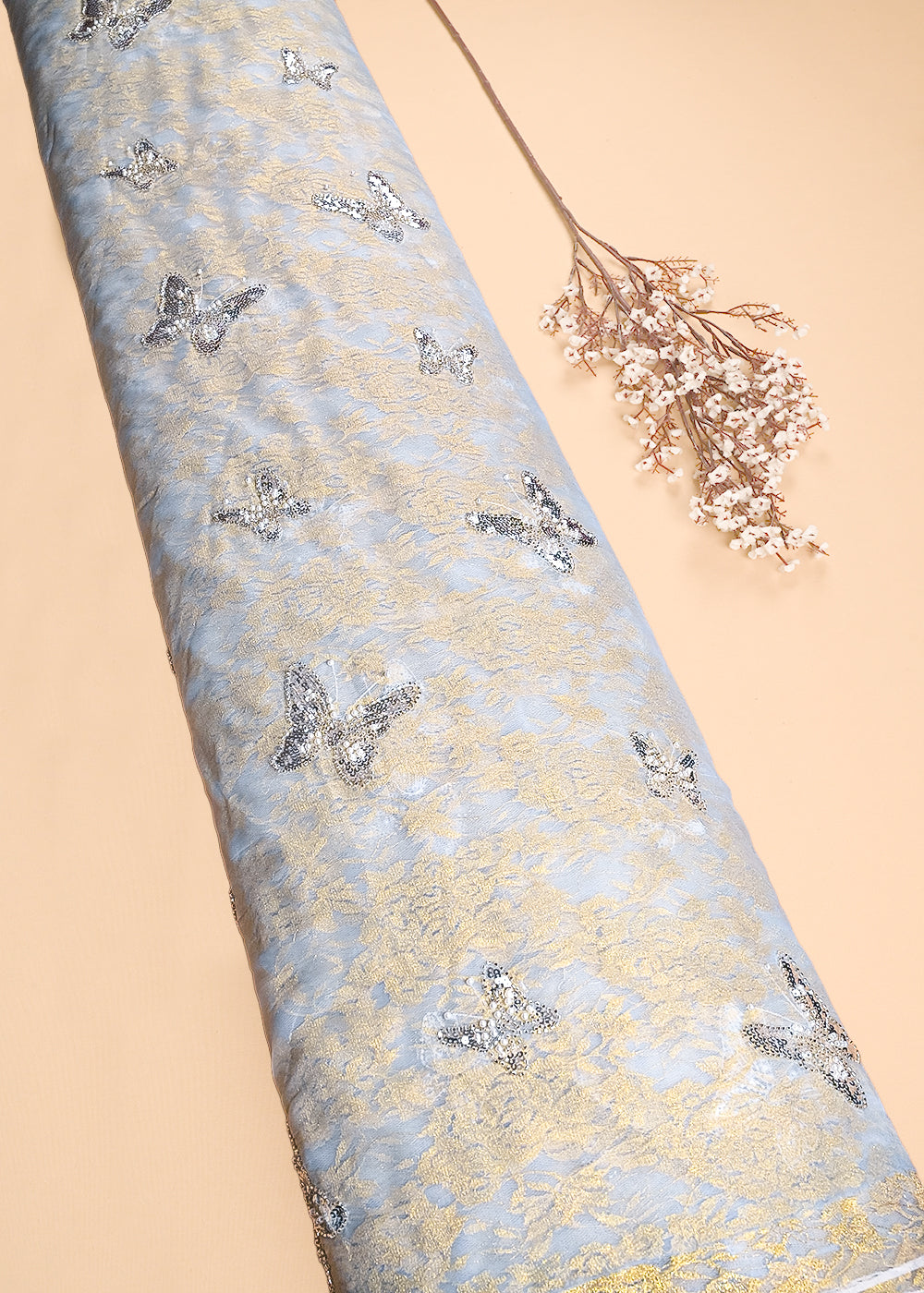 Sky Blue Organza & Sandlin Lace Fabric With All Over Sequins And Bead Work 24150