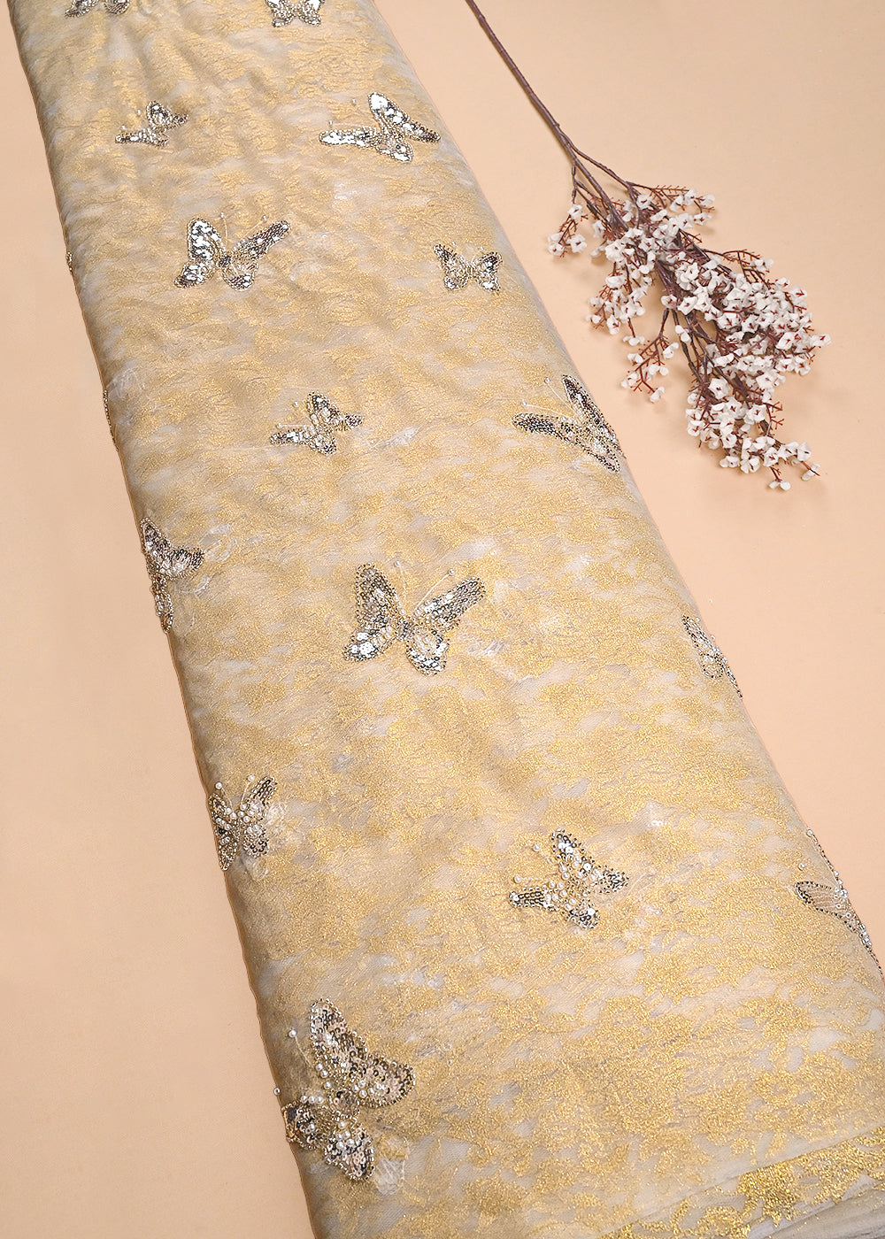 Yellow Organza & Sandlin Lace Fabric With All Over Sequins And Bead Work 24151