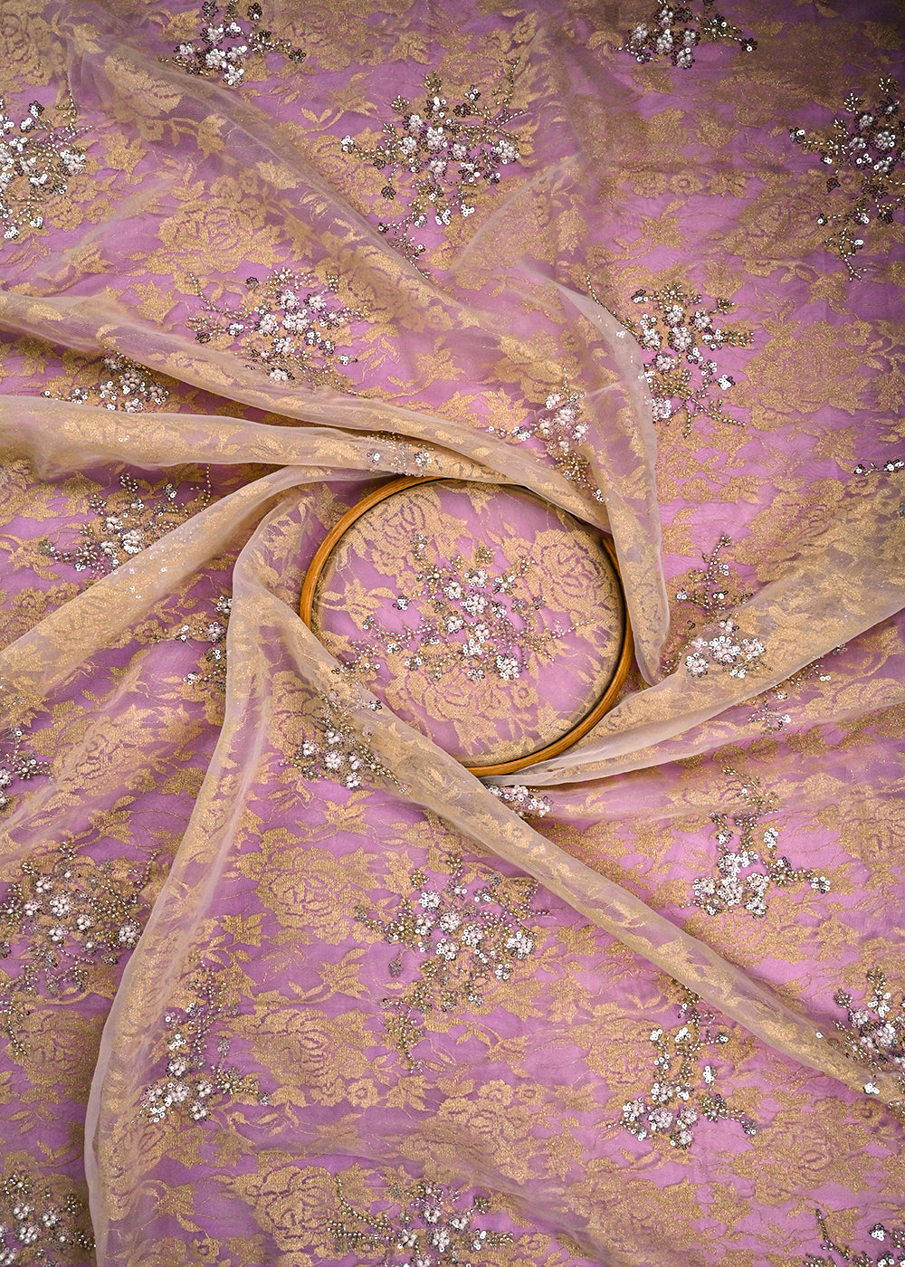 Lavender Organza & Sandlin Lace Fabric With All Over Sequins And Bead Work 24152