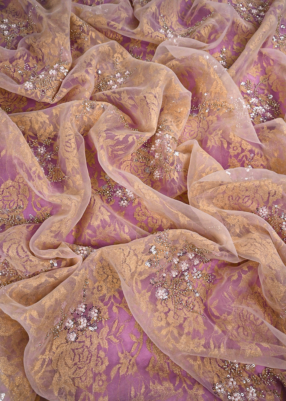 Lavender Organza & Sandlin Lace Fabric With All Over Sequins And Bead Work 24152
