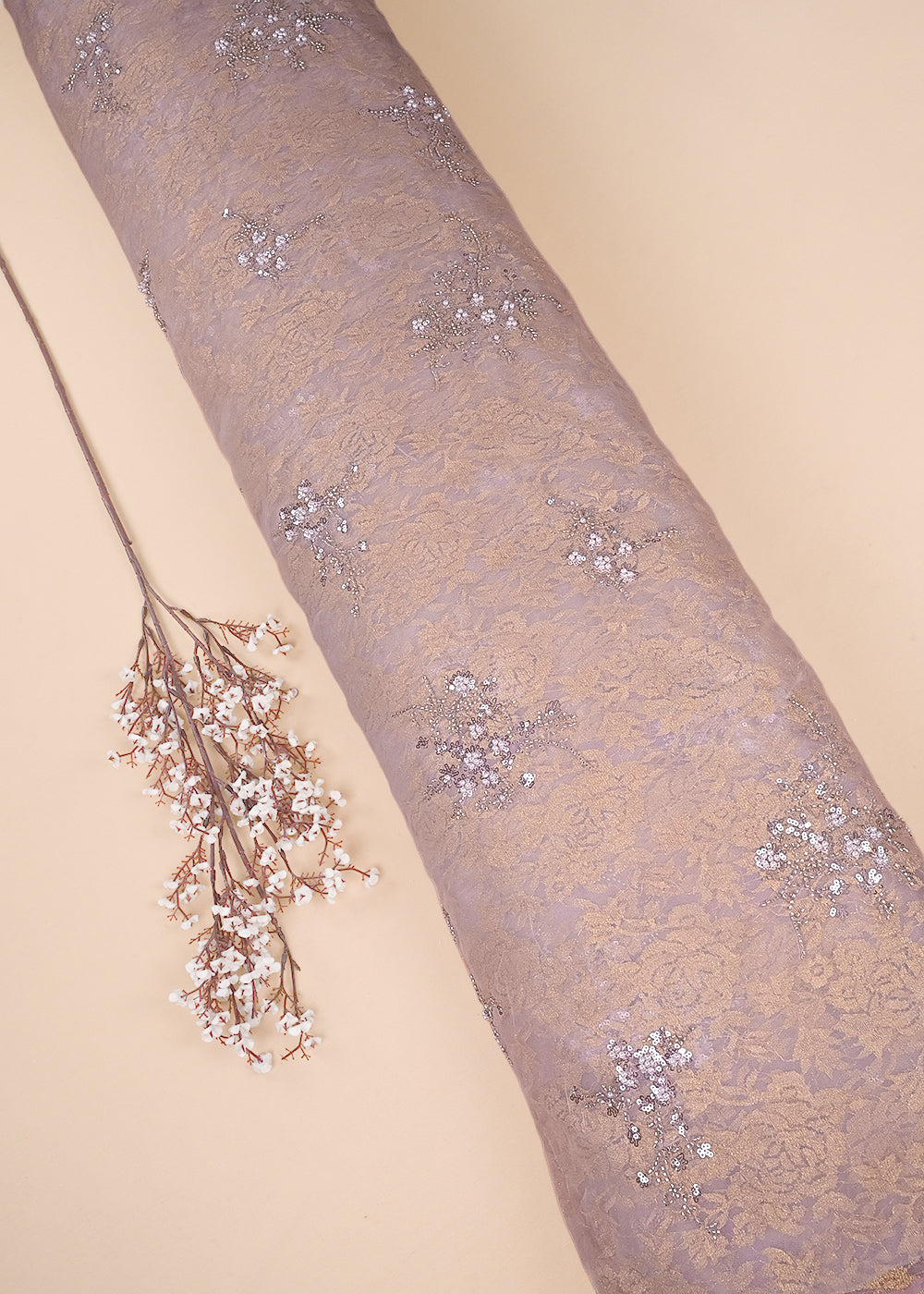 Lavender Organza & Sandlin Lace Fabric With All Over Sequins And Bead Work 24152