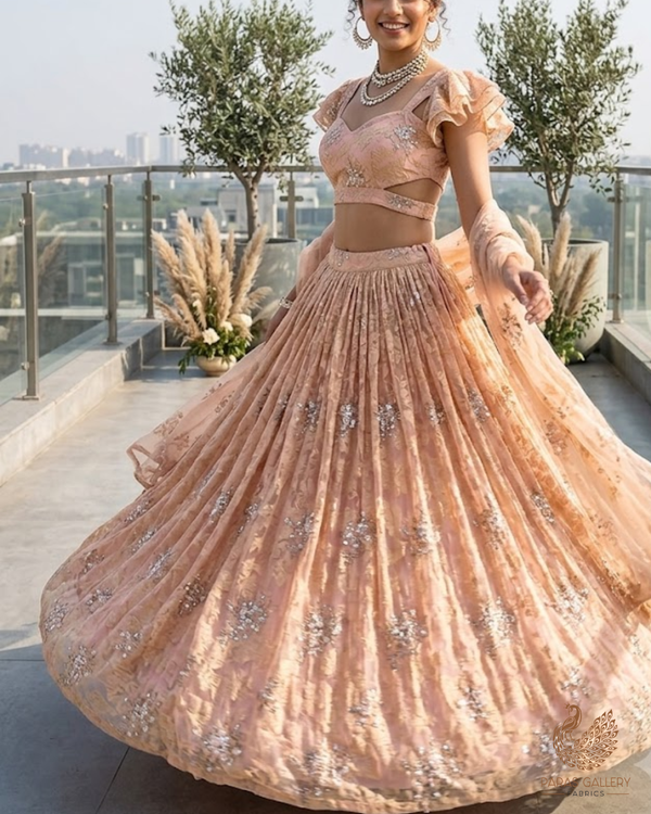 Peach Organza & Sandlin Lace Fabric With All Over Sequins And Bead Work 24153