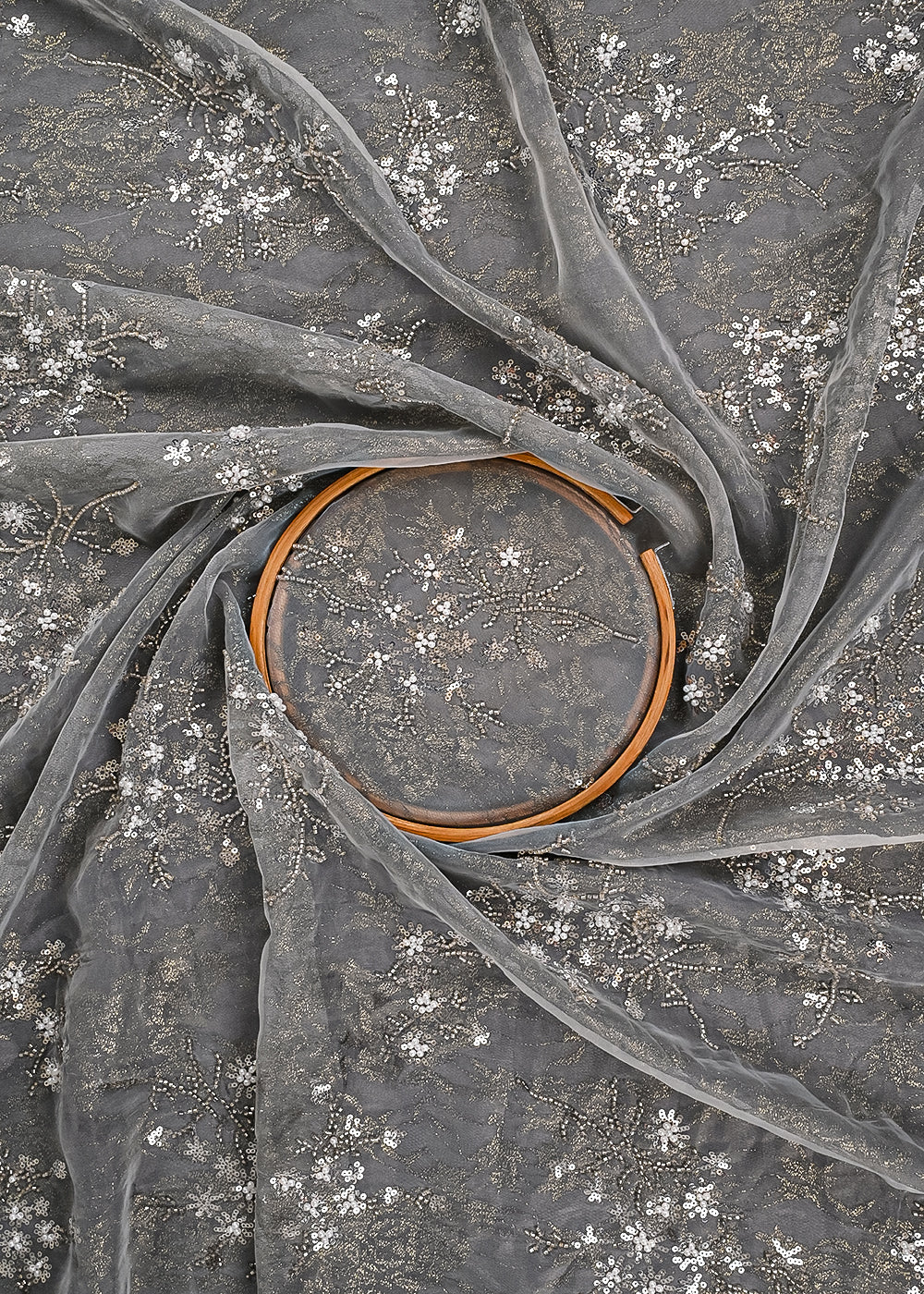 Grey Organza & Sandlin Lace Fabric With All Over Sequins And Bead Work 24154