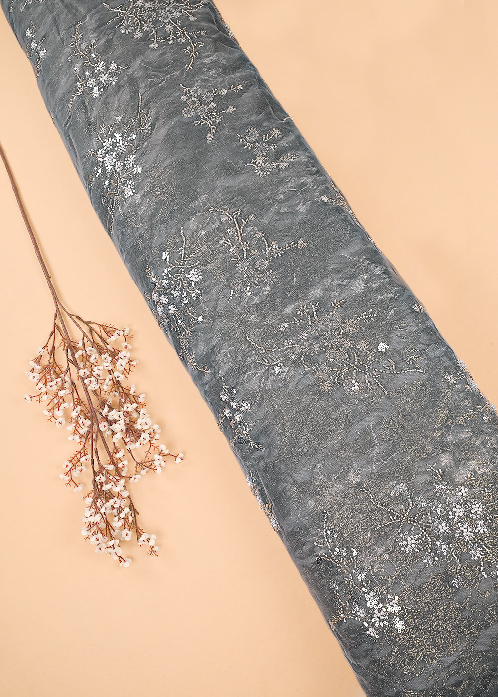 Grey Organza & Sandlin Lace Fabric With All Over Sequins And Bead Work 24154