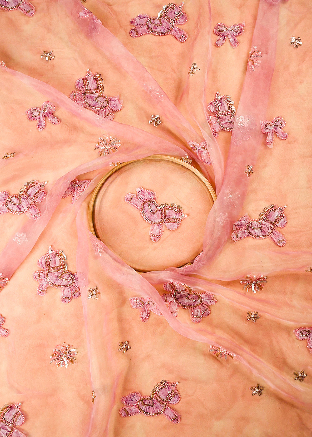 Pink Organza Fabric With All Over Bead And Katdana With Ribbon Work 24158