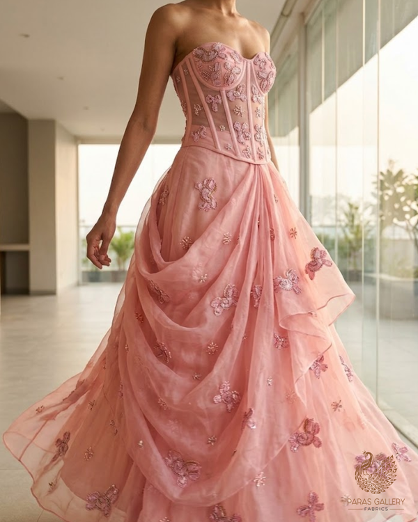 Pink Organza Fabric With All Over Bead And Katdana With Ribbon Work 24158