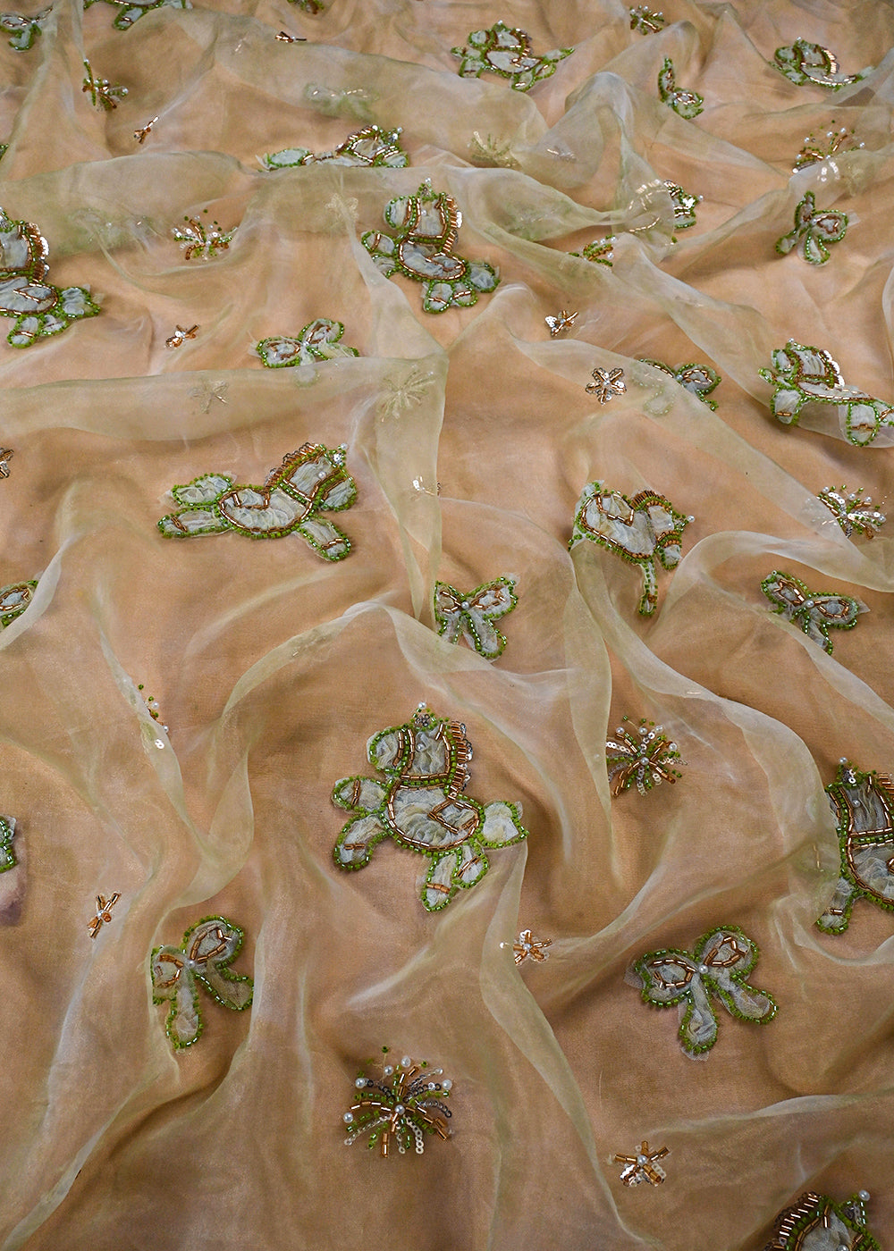 Pista Green Organza Fabric With All Over Bead And Katdana With Ribbon Work 24159