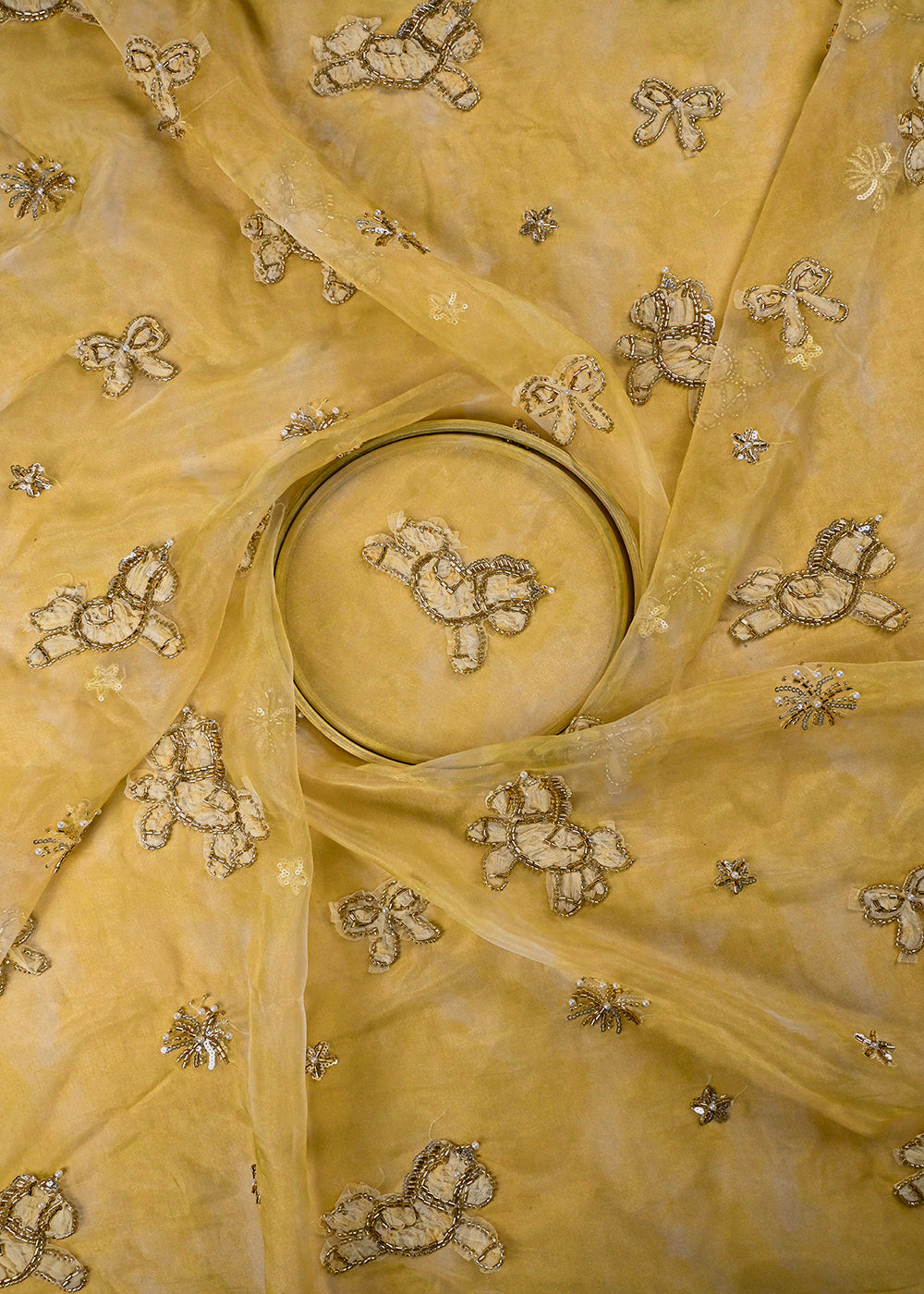 Mustard Organza Fabric With All Over Bead And Katdana With Ribbon Work 24160