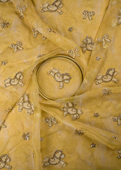 Mustard Organza Fabric With All Over Bead And Katdana With Ribbon Work 24160