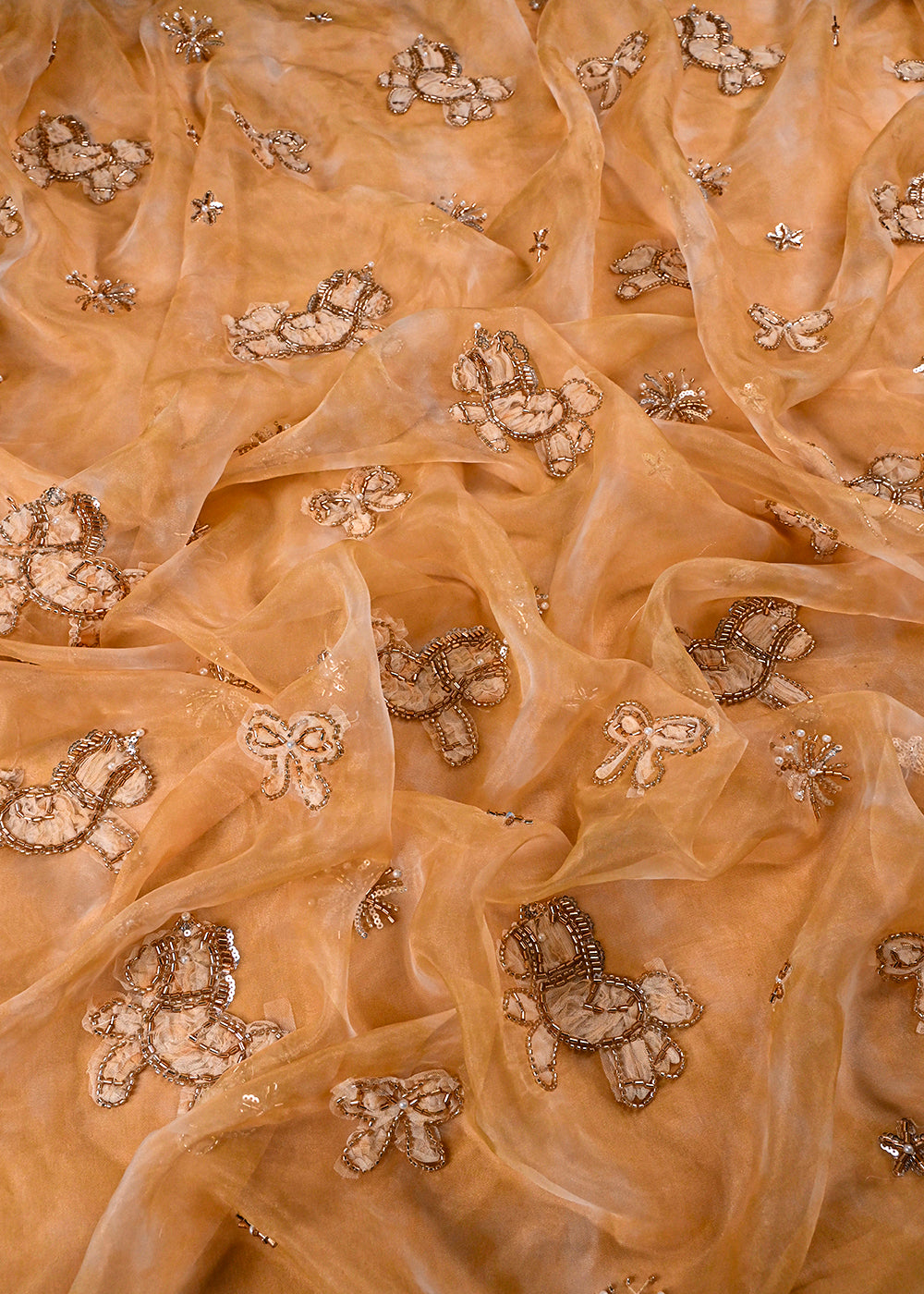Rust Orange Organza Fabric With All Over Bead And Katdana With Ribbon Work 24160
