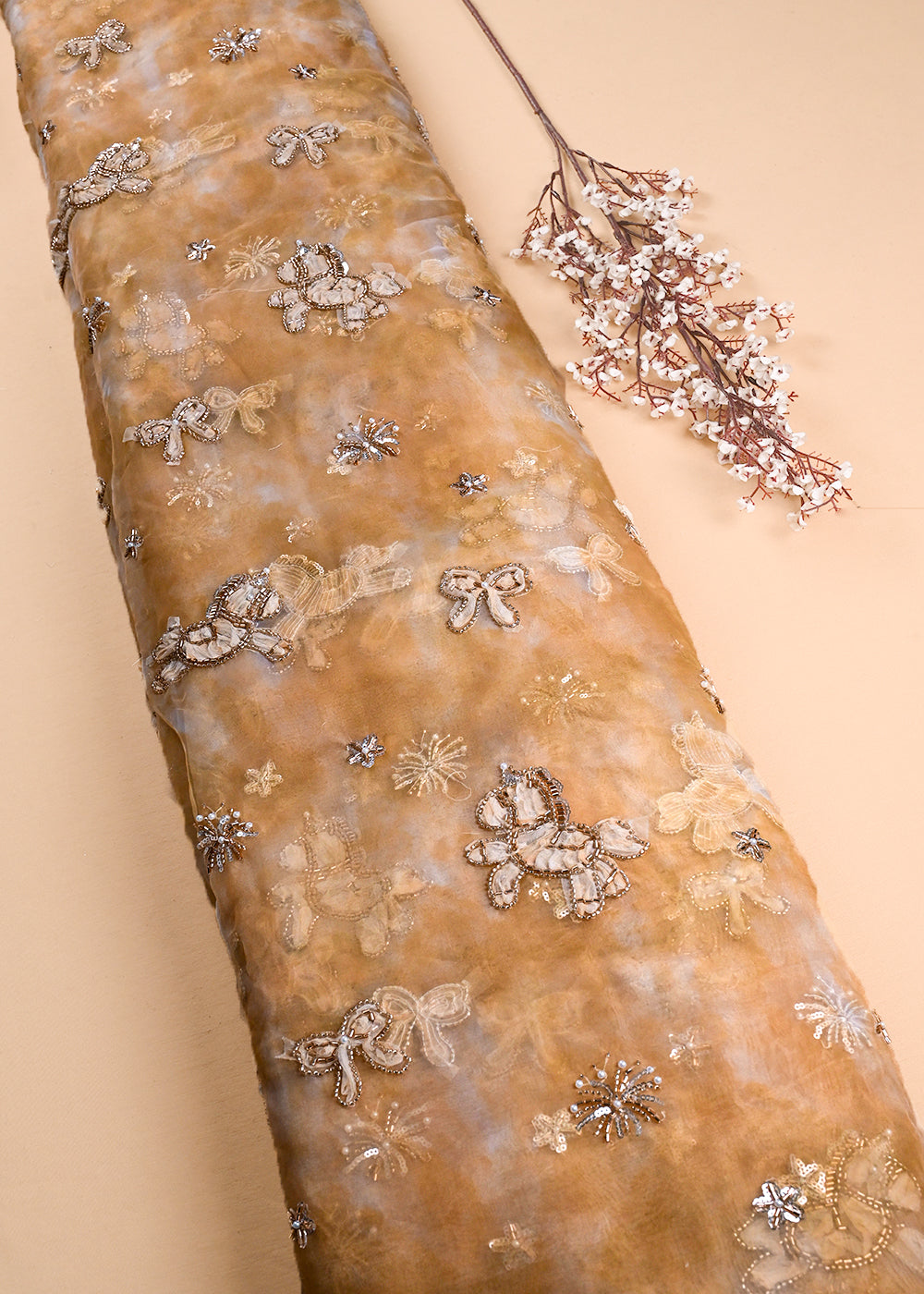 Rust Orange Organza Fabric With All Over Bead And Katdana With Ribbon Work 24160