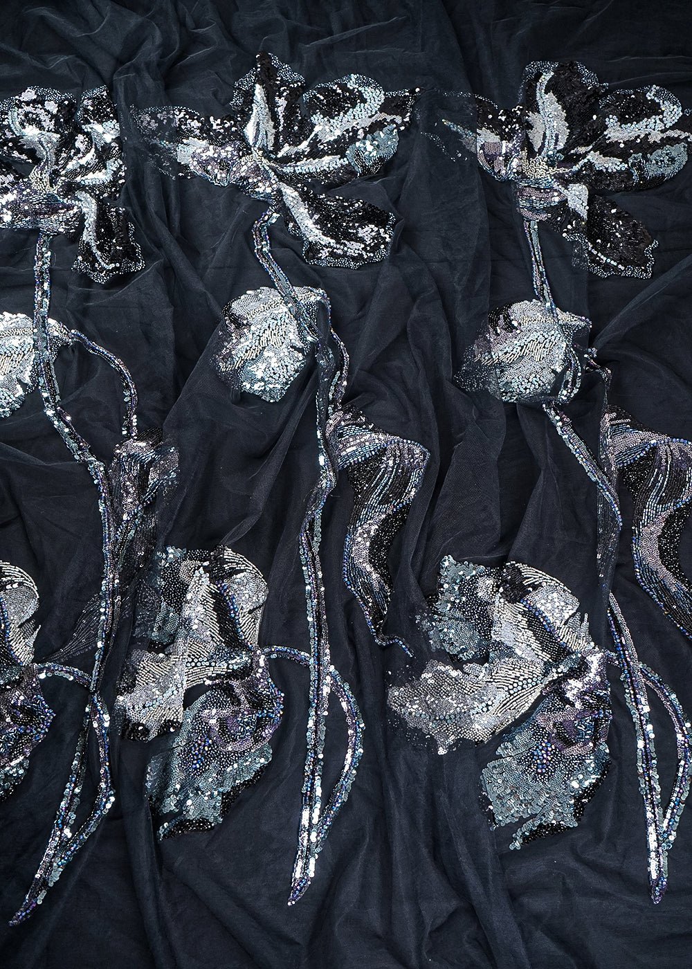 Black Net Fabric With All Over Sequins, Katdana, Bead And Patch Work 24164