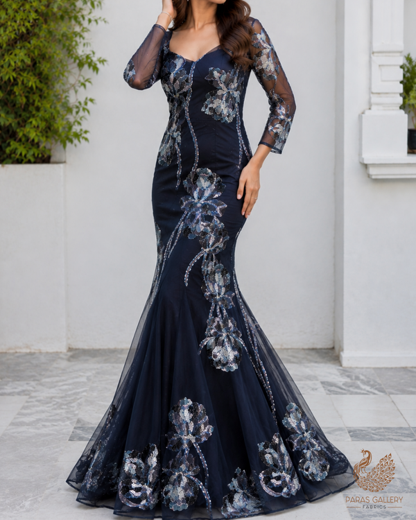 Black Imported Net Fabric With All Over Sequins, Katdana, Bead And Patch Work 24164