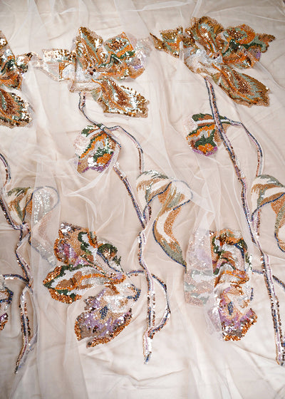 Light Gold Imported Net Fabric With All Over Sequins, Katdana, Bead And Patch Work 24165