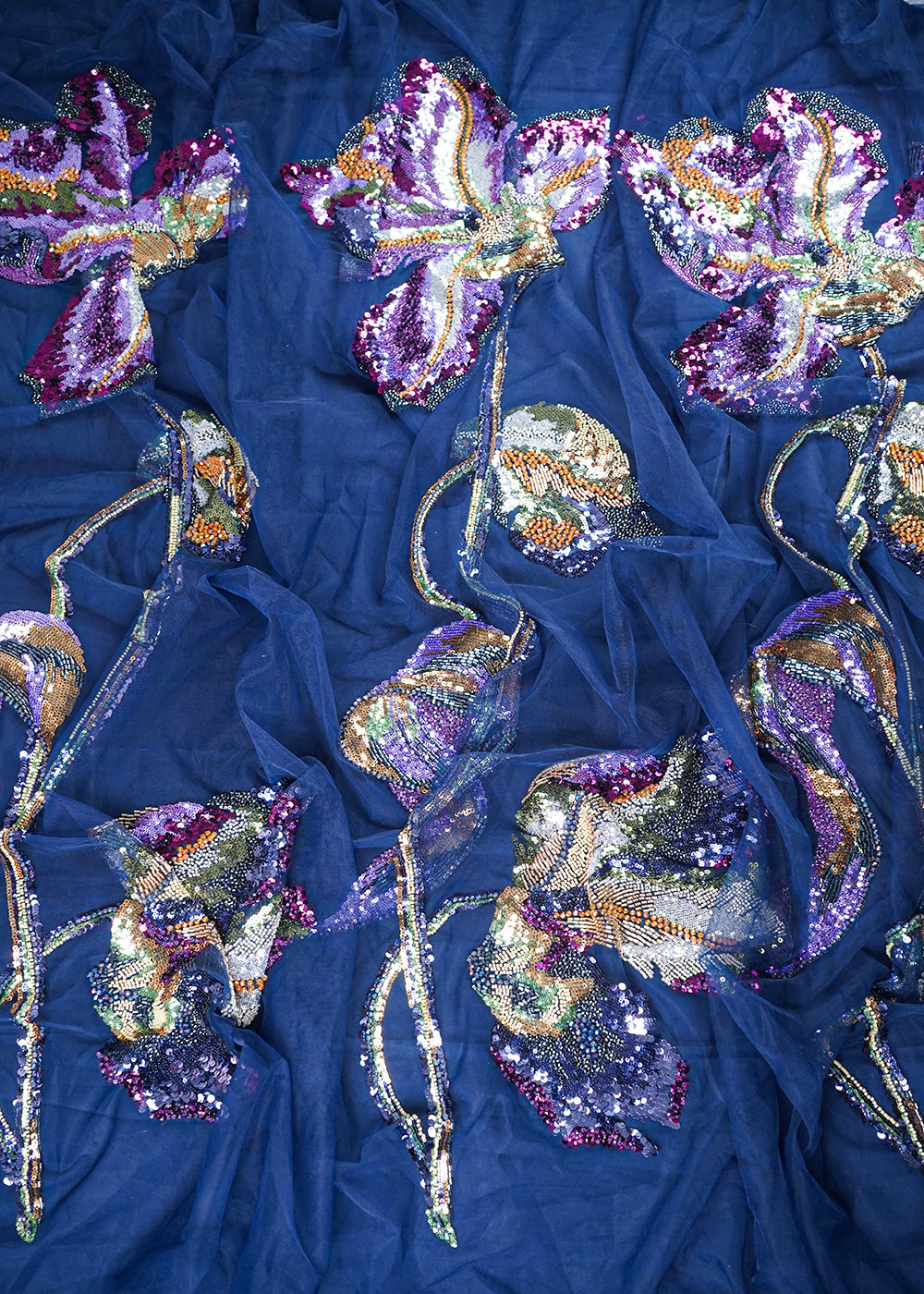 Navy Blue Net Fabric With All Over Sequins, Katdana, Bead And Patch Work 24166