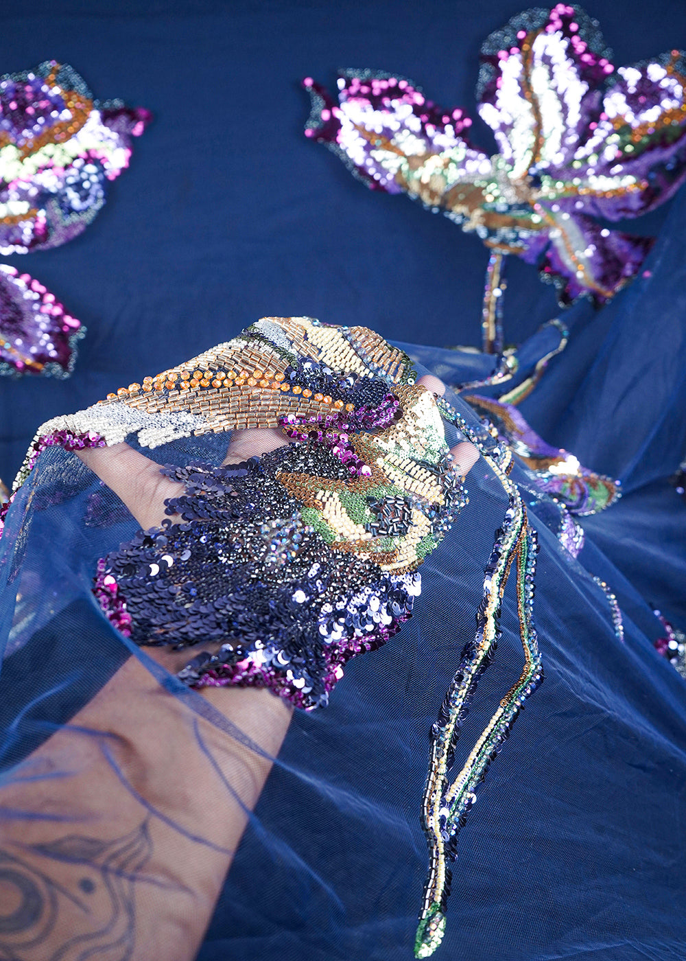 Navy Blue Net Fabric With All Over Sequins, Katdana, Bead And Patch Work 24166
