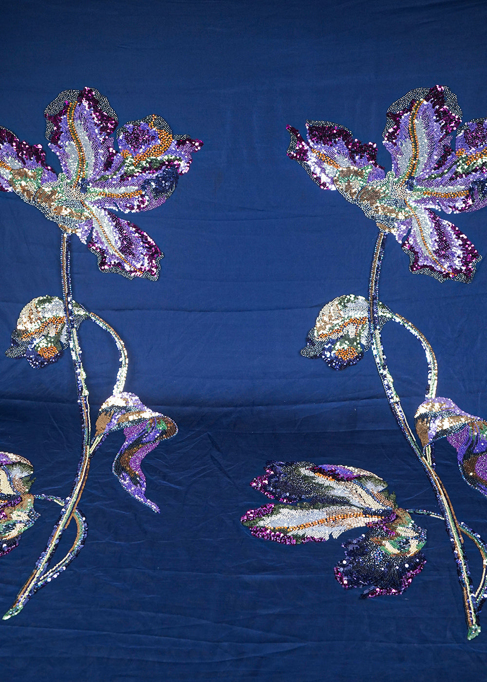 Navy Blue Net Fabric With All Over Sequins, Katdana, Bead And Patch Work 24166