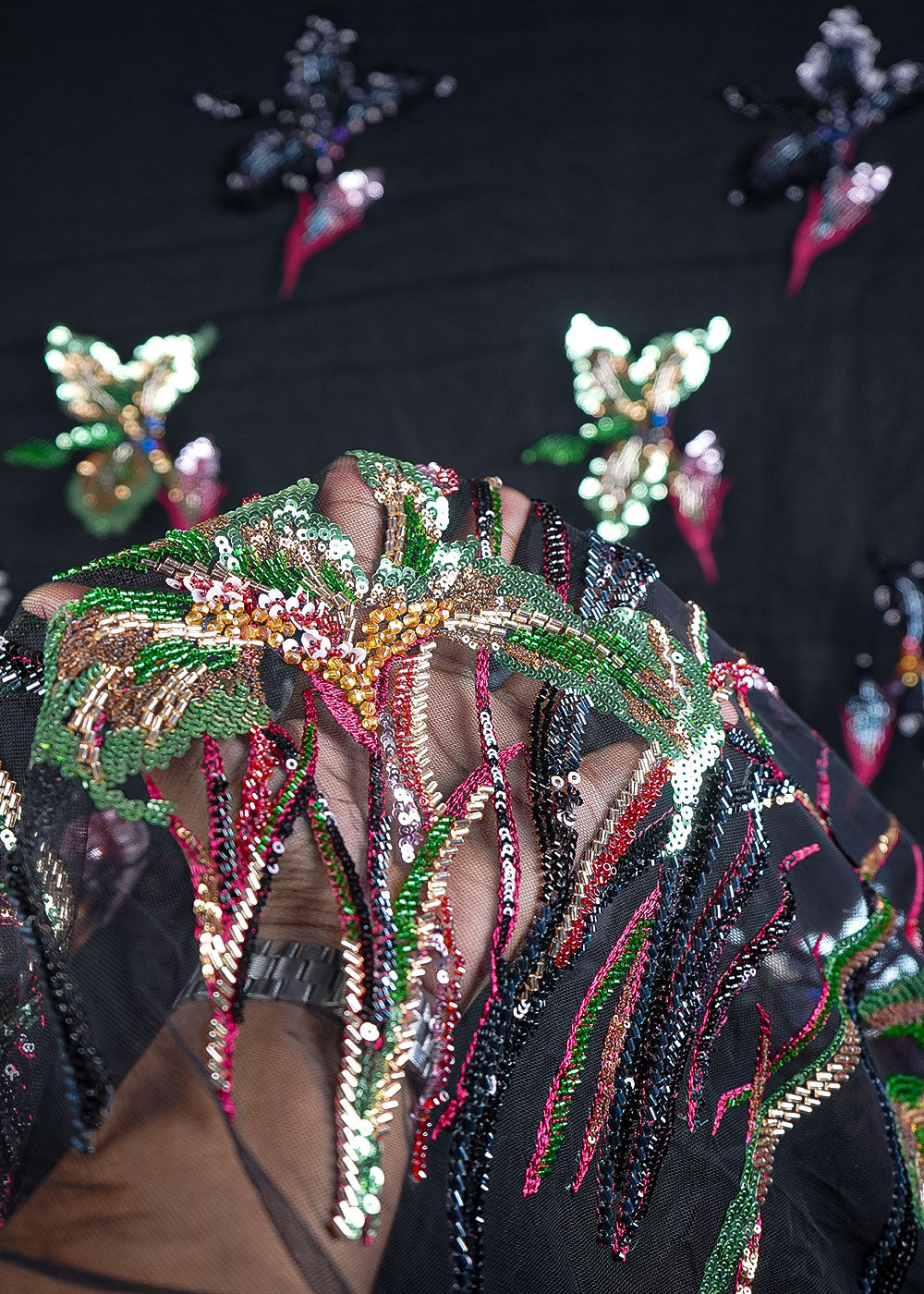 Black Imported Net Fabric With All Over Sequins, Katdana, Bead Work With One Side Heavy Border 24167