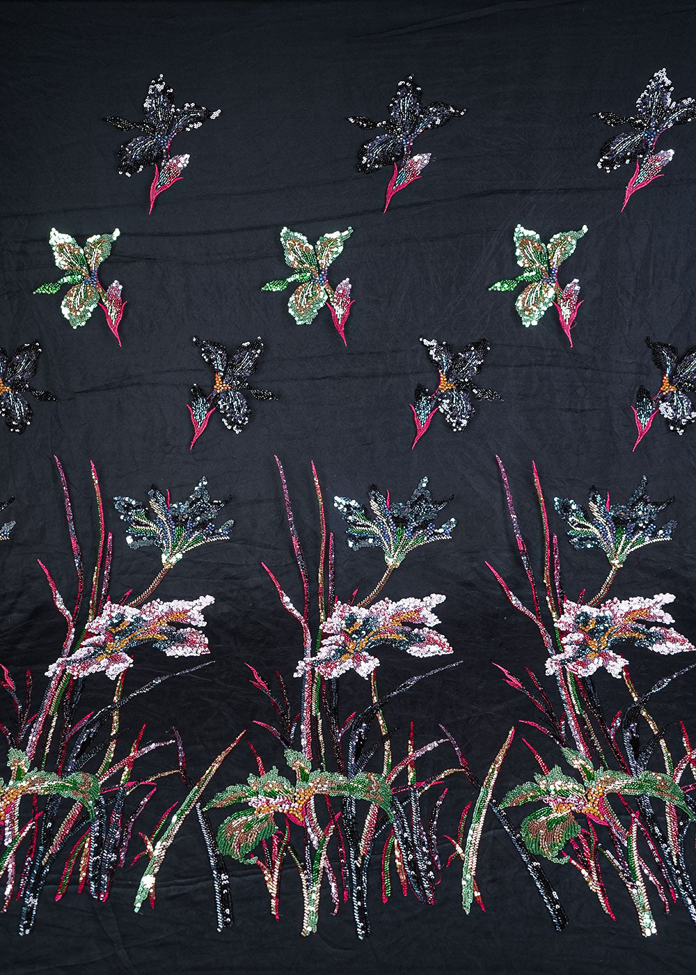 Black Imported Net Fabric With All Over Sequins, Katdana, Bead Work With One Side Heavy Border 24167