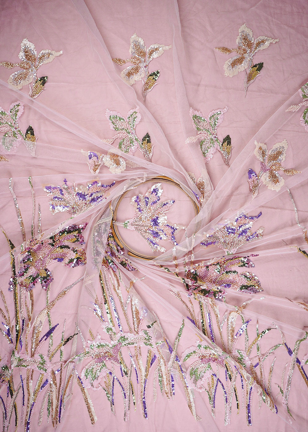 Pink Imported Net Fabric With All Over Sequins, Katdana, Bead Work With One Side Heavy Border 24168