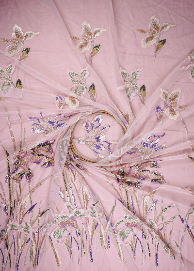 Pink Imported Net Fabric With All Over Sequins, Katdana, Bead Work With One Side Heavy Border 24168