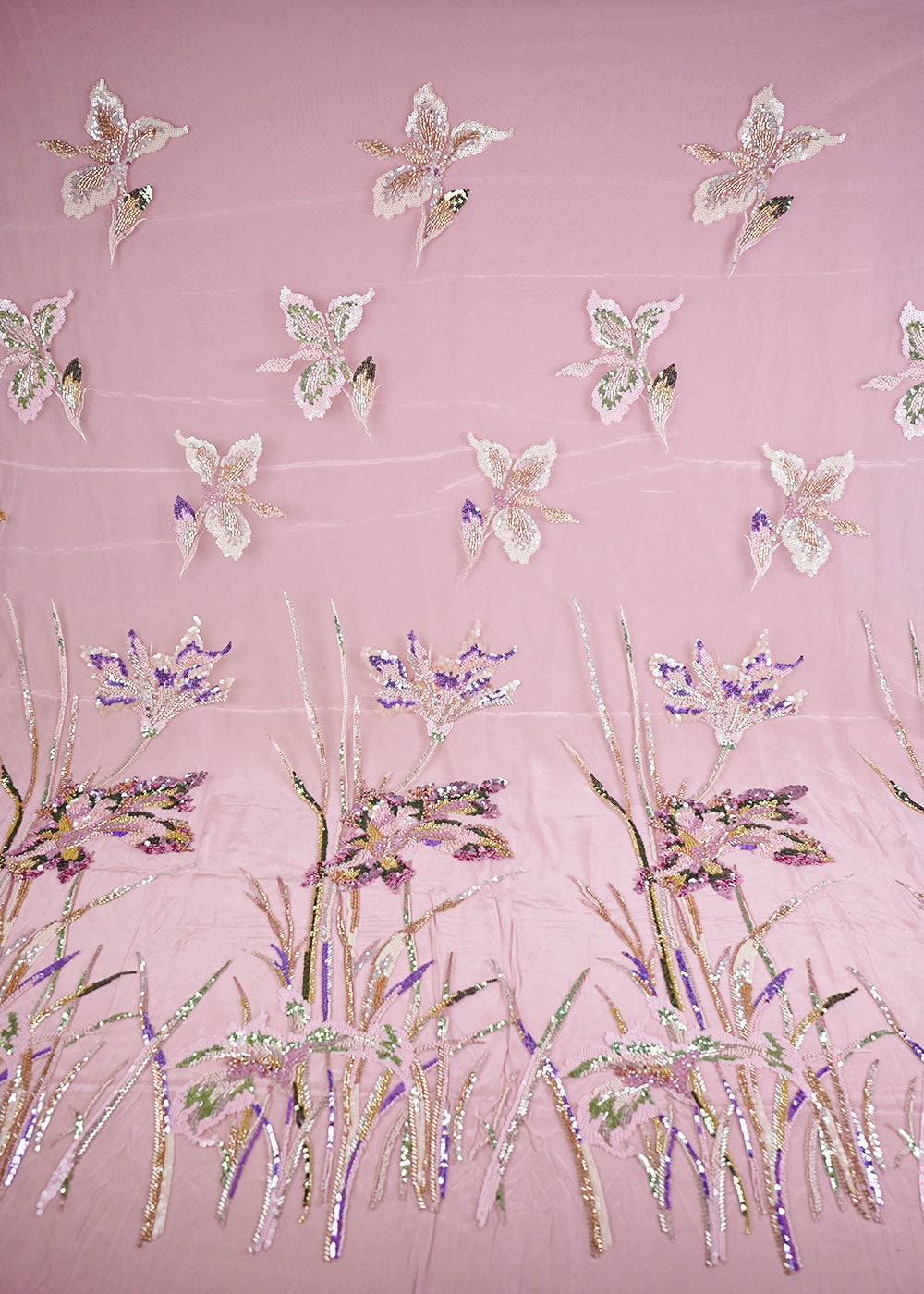 Pink Imported Net Fabric With All Over Sequins, Katdana, Bead Work With One Side Heavy Border 24168
