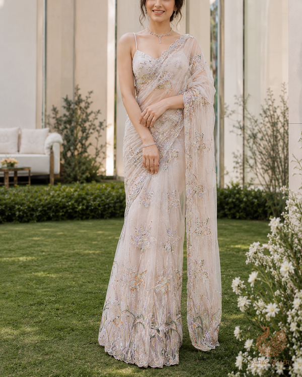 Light Gold Imported Net Fabric With All Over Sequins, Katdana, Bead Work With One Side Heavy Border 24169