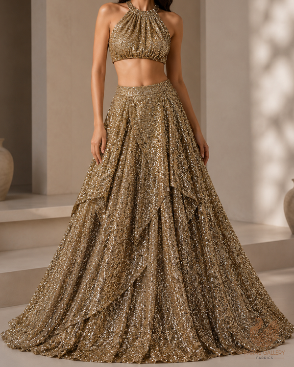 Gold Imported Net Fabric With All Over Sequins Work 24170