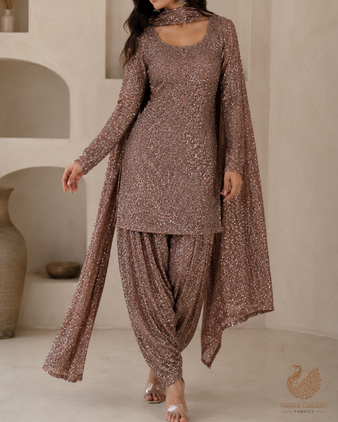 The Noor - Rose Gold Imported Net Fabric With All Over Sequins Work | 24171
