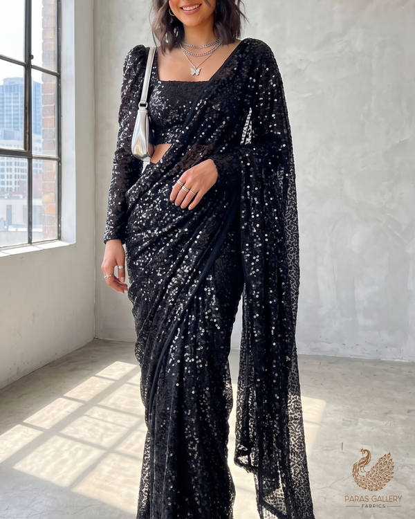 Black Imported Net Fabric With All Over Sequins Work 24174