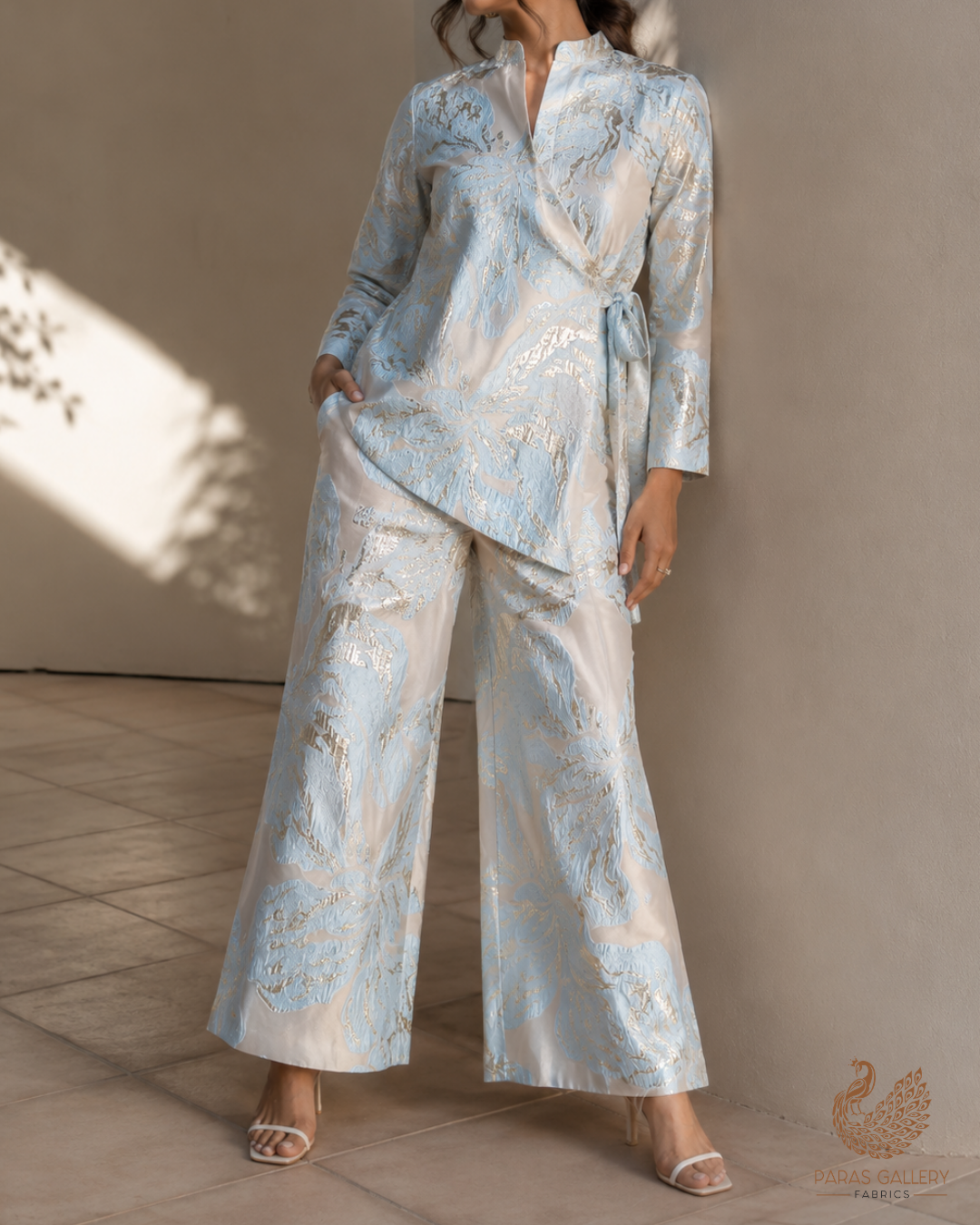 Powder Blue Imported Jacquard Fabric With All Over Foil Work 24175