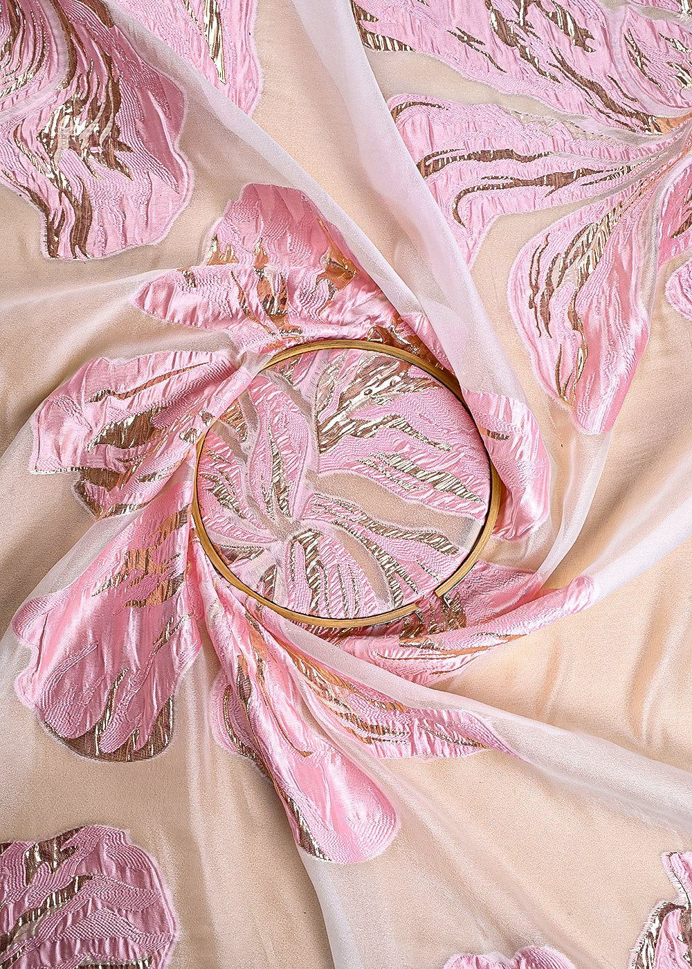 Peach Pink Imported Jacquard Fabric With All Over Foil Work 24179
