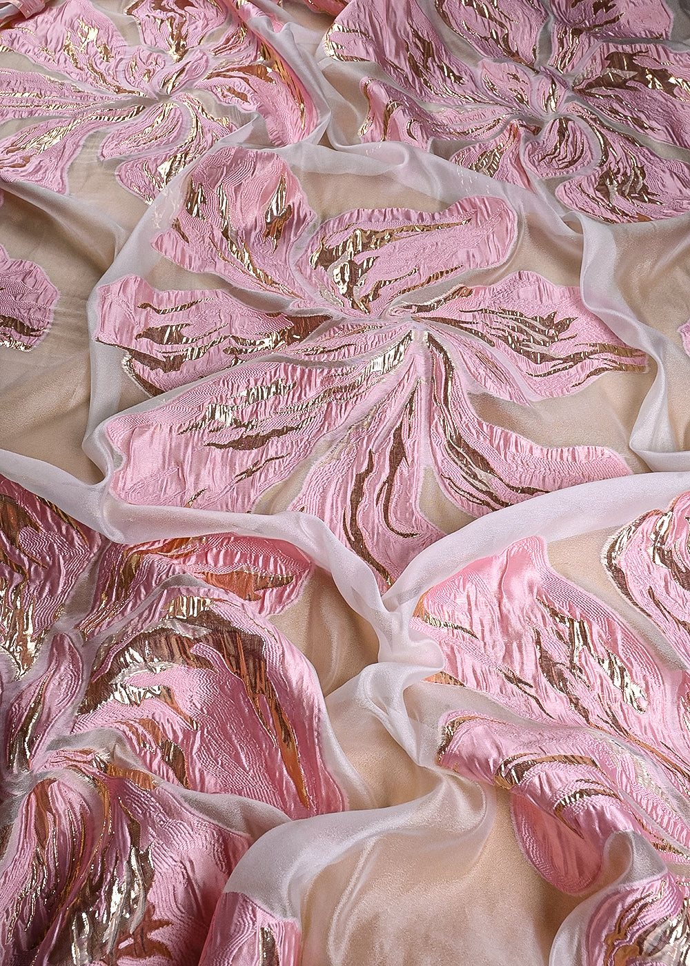 Peach Pink Imported Jacquard Fabric With All Over Foil Work 24179