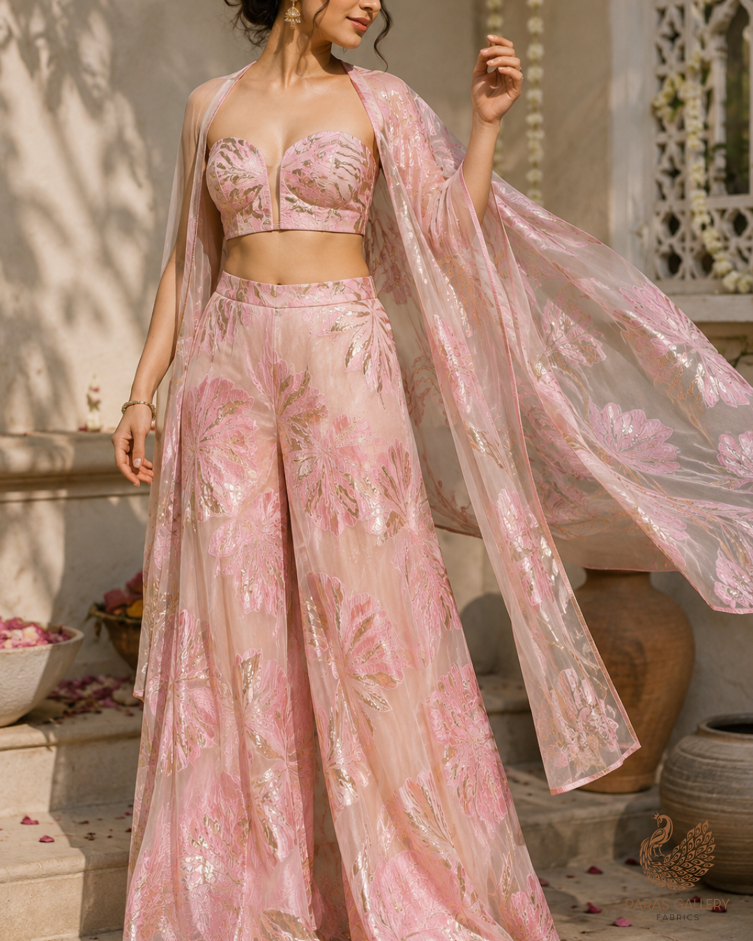 Peach Pink Imported Jacquard Fabric With All Over Foil Work 24179