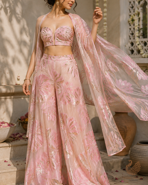 Peach Pink Imported Jacquard Fabric With All Over Foil Work 24179