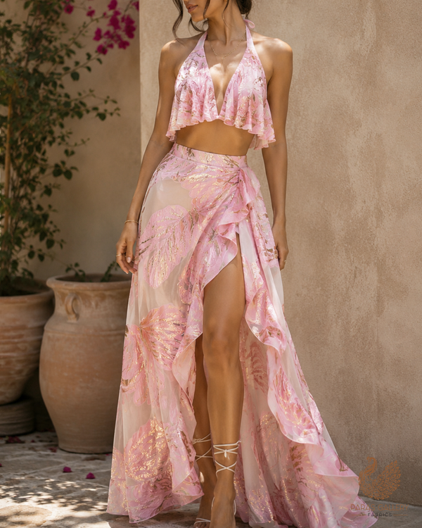 Peach Pink Imported Jacquard Fabric With All Over Foil Work 24179