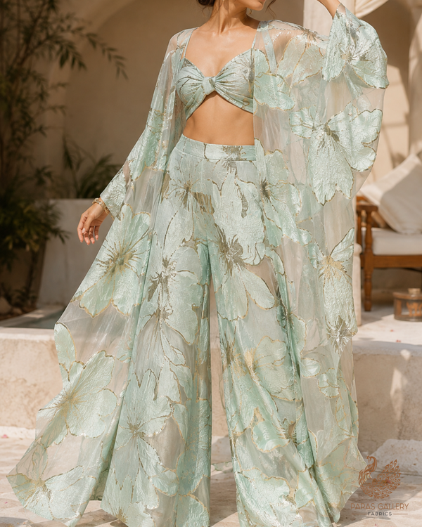 Mint Green Imported Jacquard Fabric With All Over Foil Work 24180