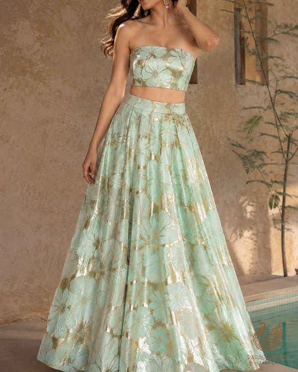 Mint Green Imported Jacquard Fabric With All Over Foil Work 24180
