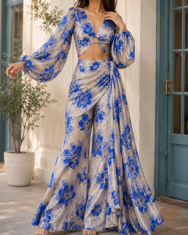 Royal Blue Imported Jacquard Fabric With All Over Foil Work 24183
