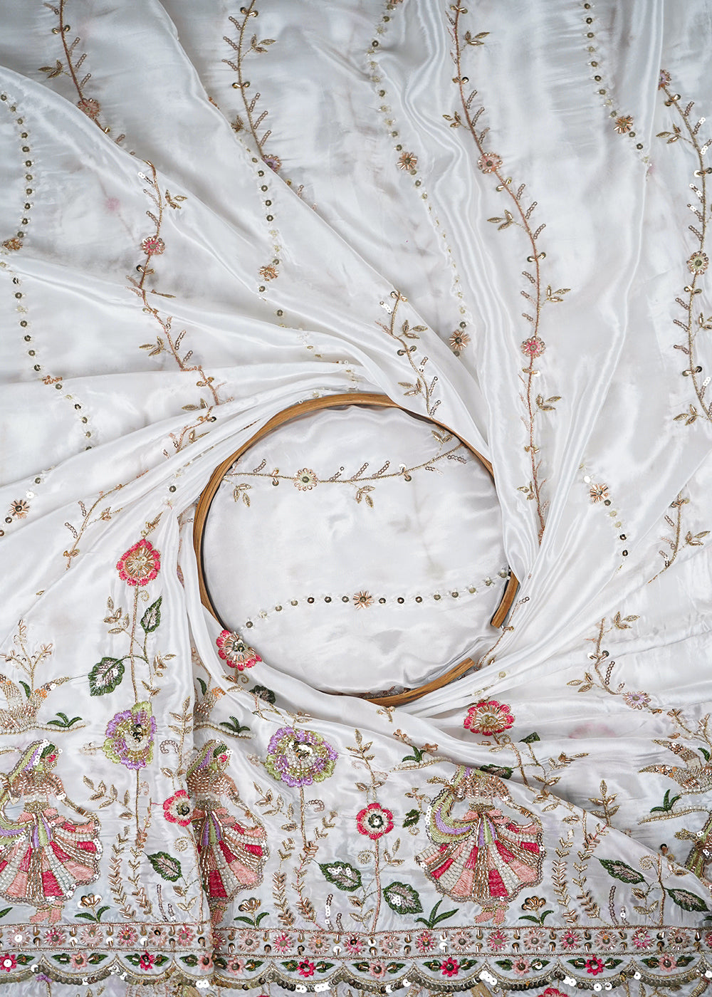 White Dyeable Crepe Fabric With All Over Thread, Zari, Sequins And Katdana Work With One Side Border 24184