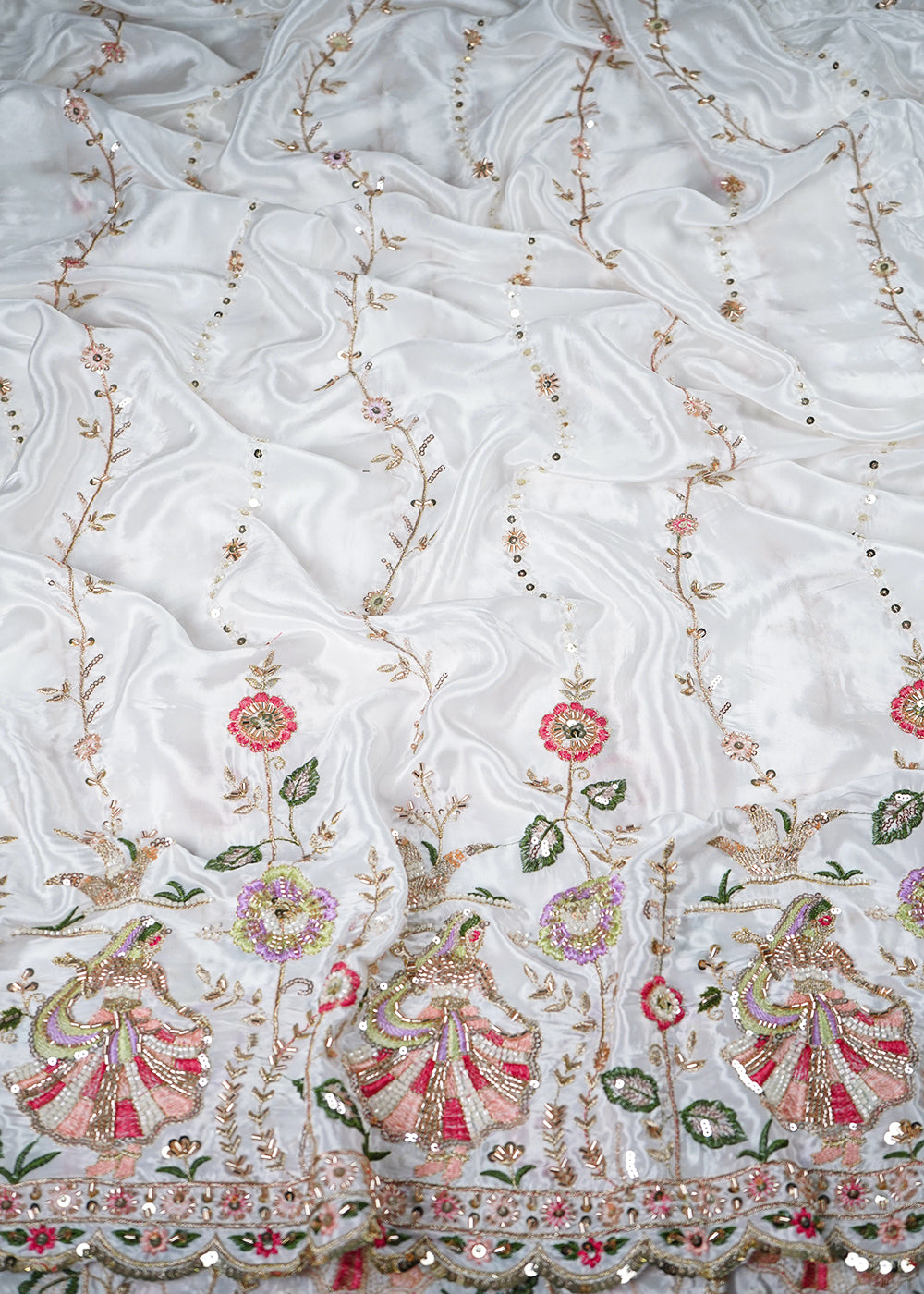 White Dyeable Crepe Fabric With All Over Thread, Zari, Sequins And Katdana Work With One Side Border 24184