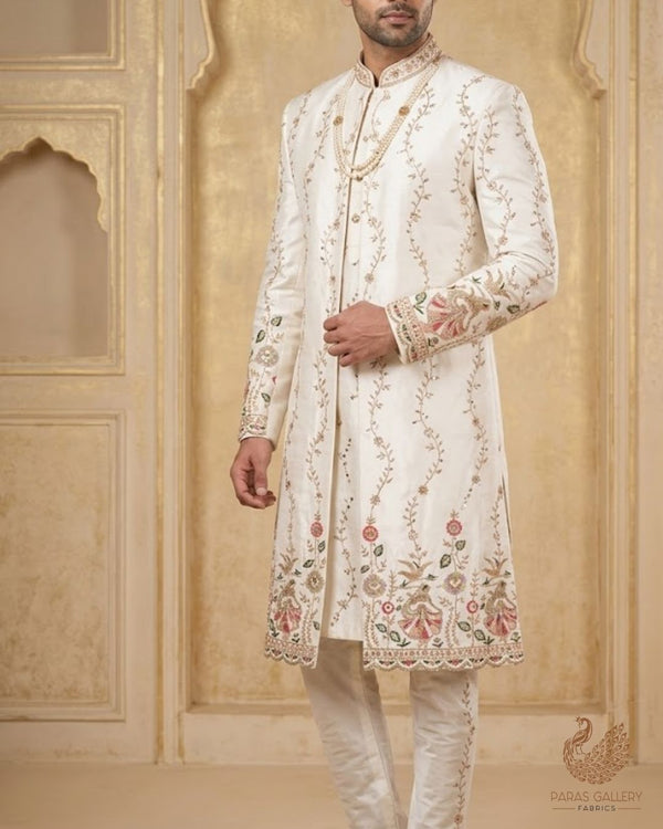White Dyeable Crepe Fabric With All Over Thread, Zari, Sequins And Katdana Work With One Side Border 24184