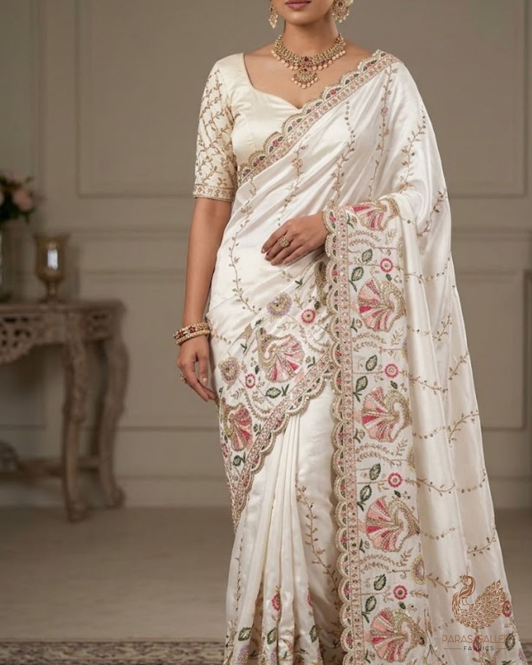 White Dyeable Crepe Fabric With All Over Thread, Zari, Sequins And Katdana Work With One Side Border 24184