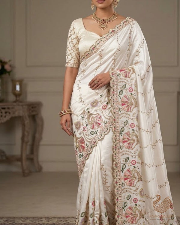 White Dyeable Crepe Fabric With All Over Thread, Zari, Sequins And Katdana Work With One Side Border 24184