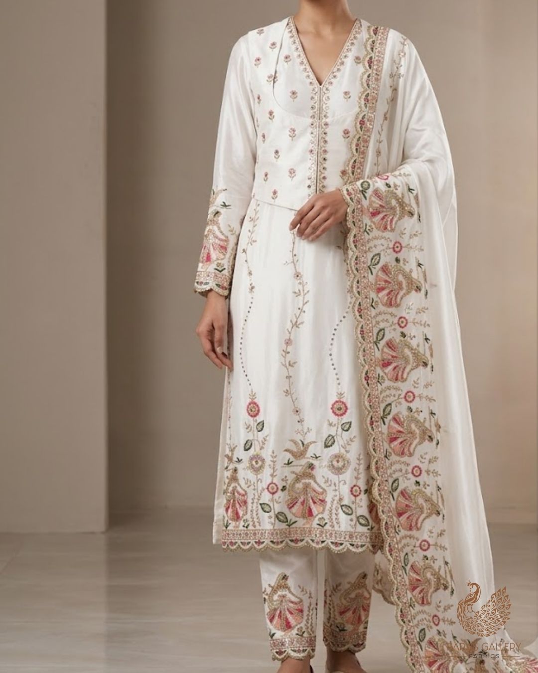 White Dyeable Crepe Fabric With All Over Thread, Zari, Sequins And Katdana Work With One Side Border 24184