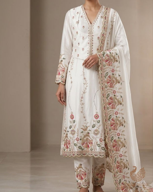 White Dyeable Crepe Fabric With All Over Thread, Zari, Sequins And Katdana Work With One Side Border 24184