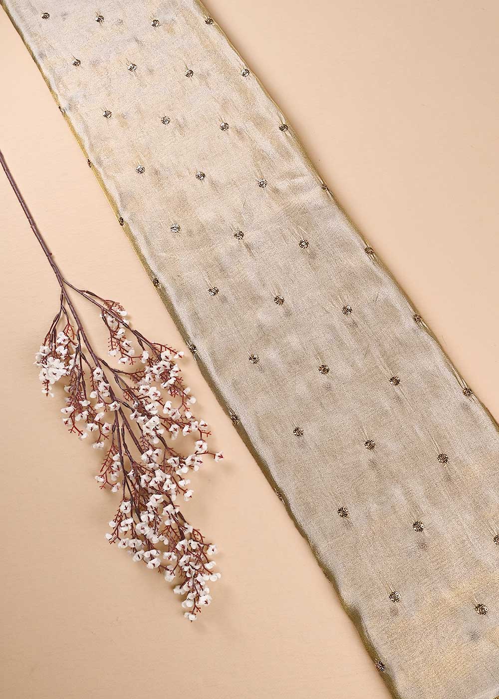 Golden Dyeable Tissue Fabric With All Over Zari And Sequins Work 24186