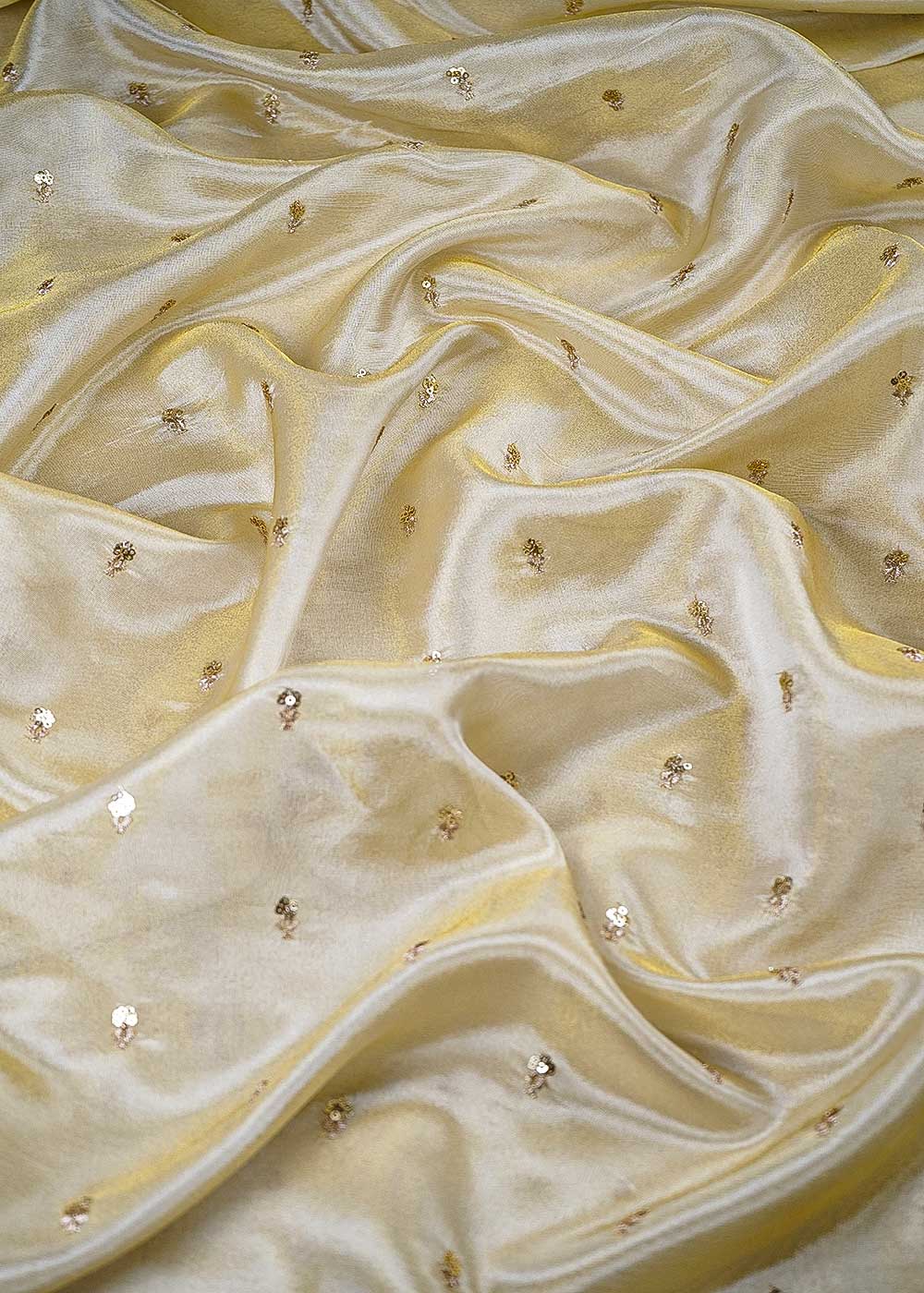 Golden Dyeable Tissue Fabric With All Over Zari And Sequins Work 24187