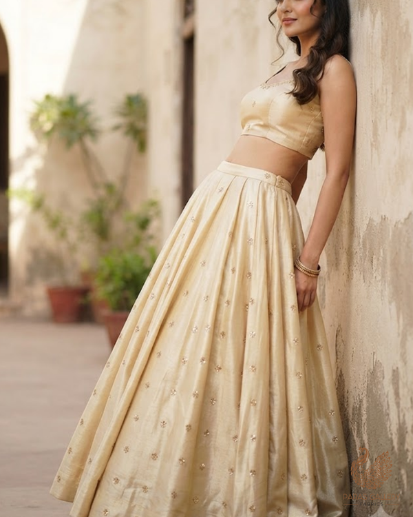Golden Dyeable Tissue Fabric With All Over Zari And Sequins Work 24187